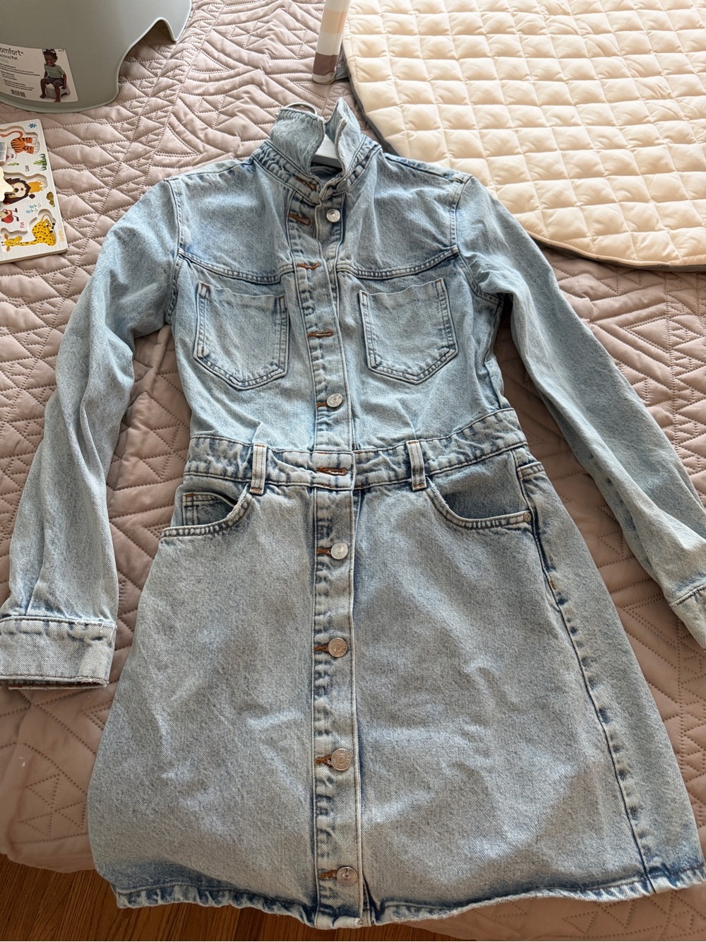 Zara Light Wash Denim Button-Front Mini Dress